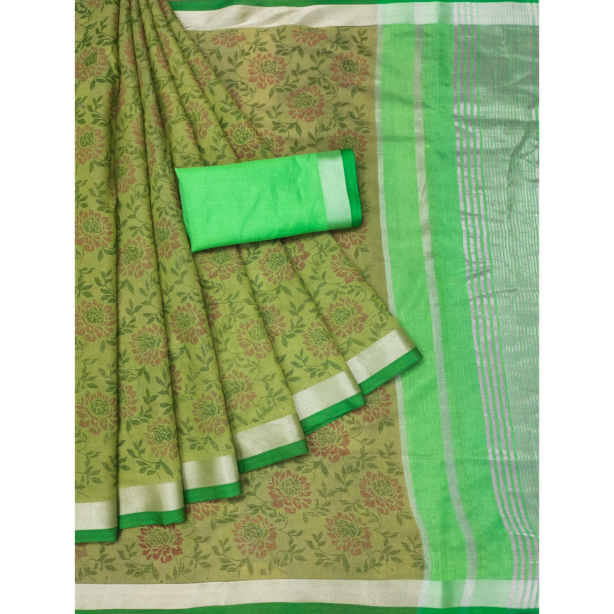 Green Floral Block Printed Chanderi Saree - Peachmode