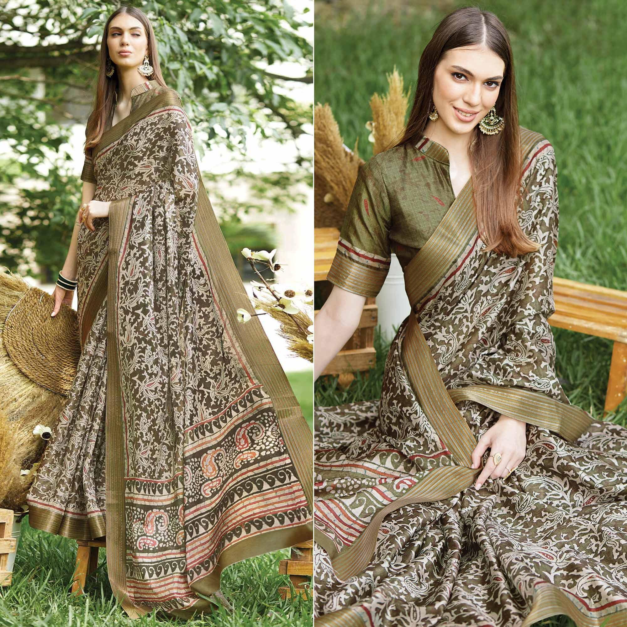 Green Floral Digital Printed Art Silk Saree - Peachmode