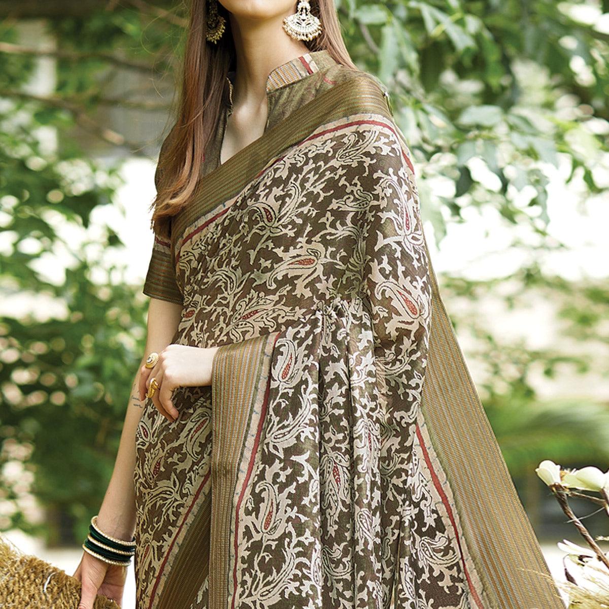 Green Floral Digital Printed Art Silk Saree - Peachmode