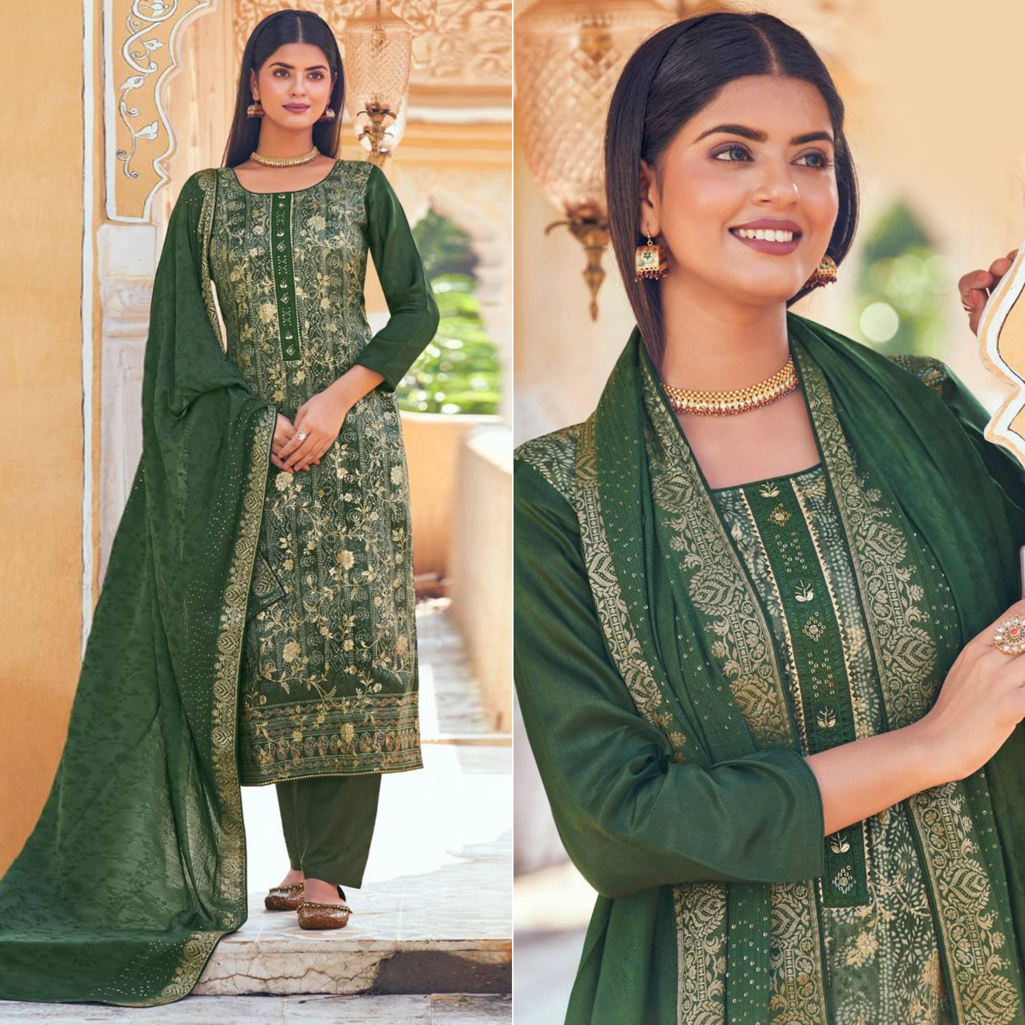 Green Floral Digital Printed Dola Silk Salwar Suit - Peachmode