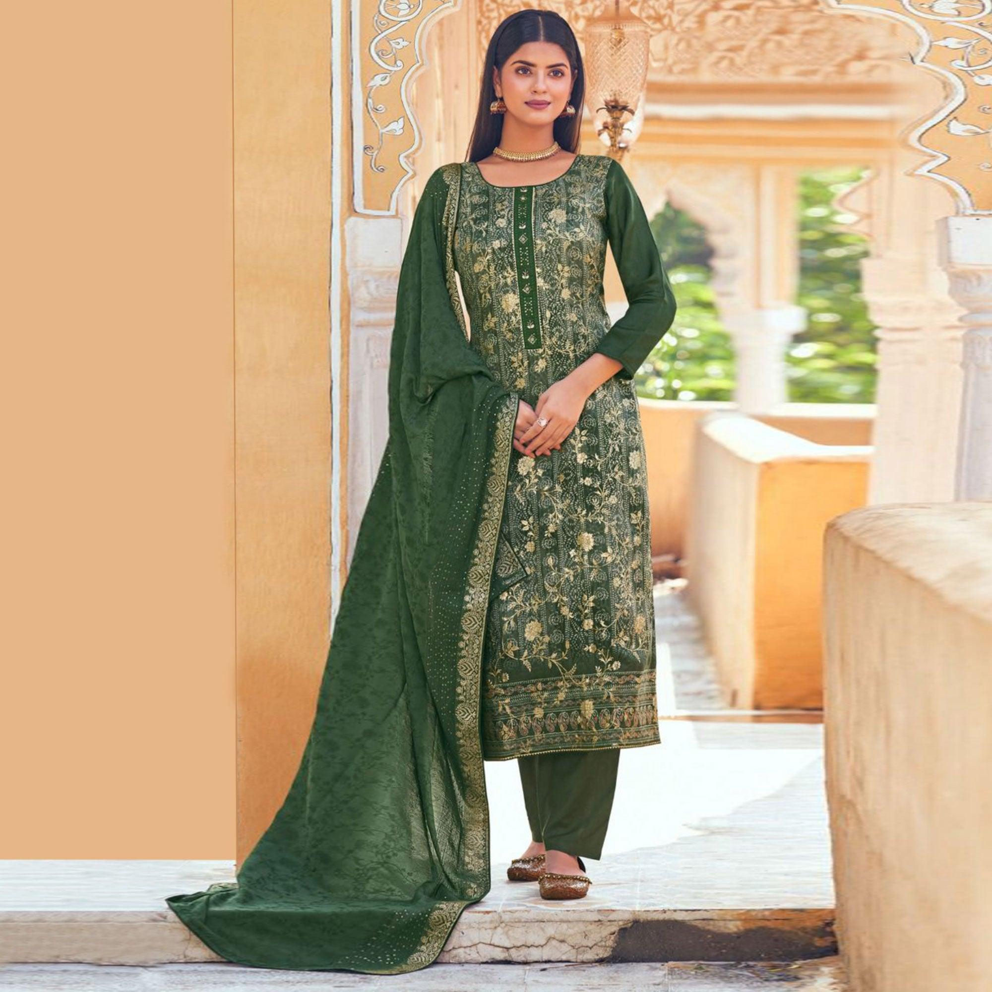 Green Floral Digital Printed Dola Silk Salwar Suit - Peachmode