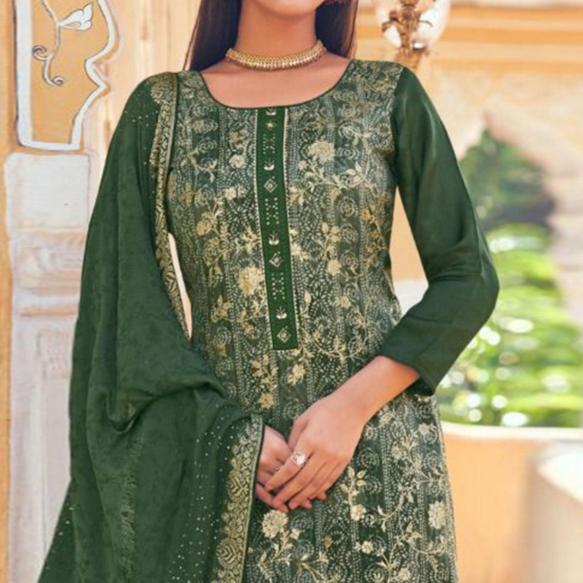 Green Floral Digital Printed Dola Silk Salwar Suit - Peachmode
