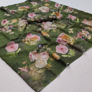 Green Floral Digital Printed Georgette Saree - Peachmode