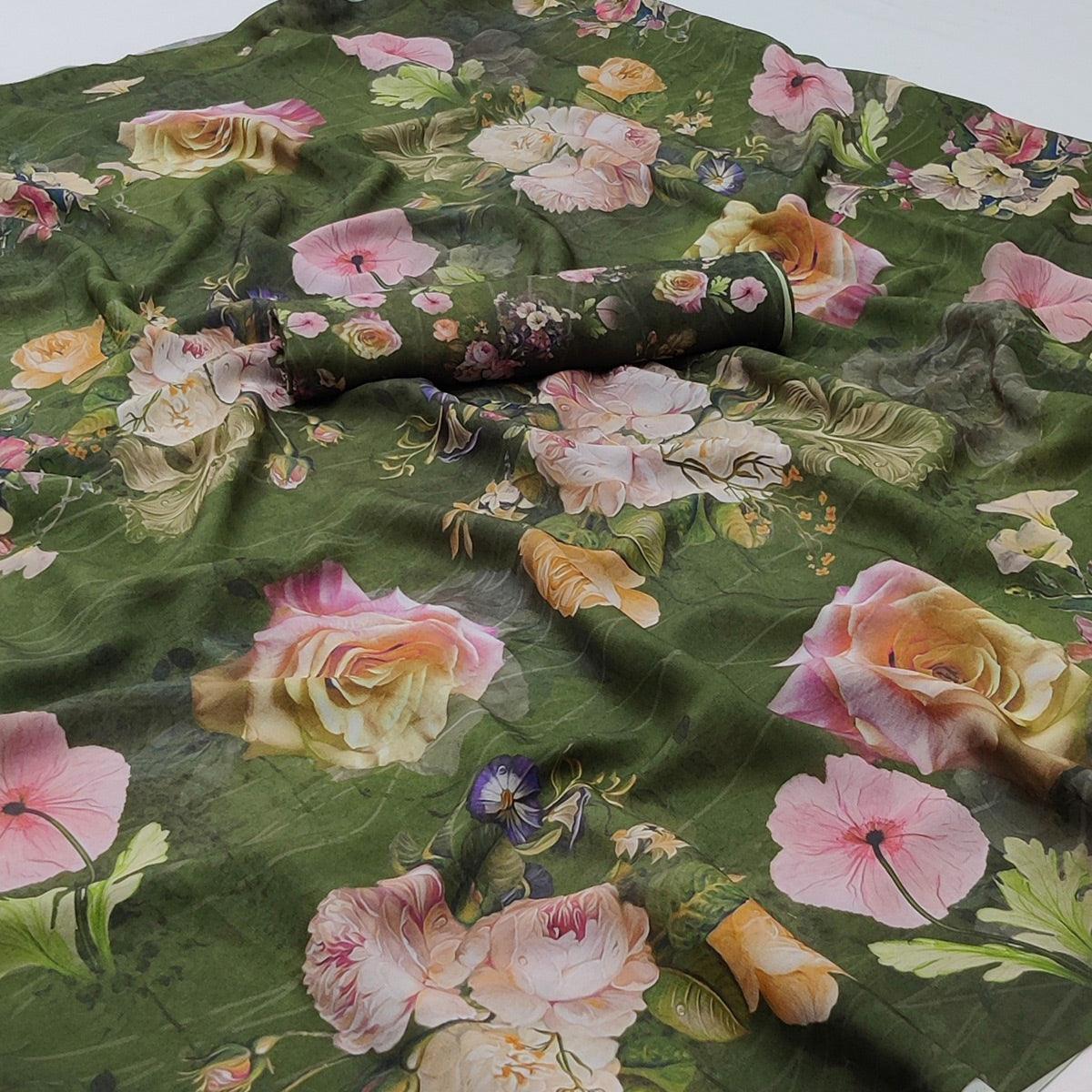 Green Floral Digital Printed Georgette Saree - Peachmode