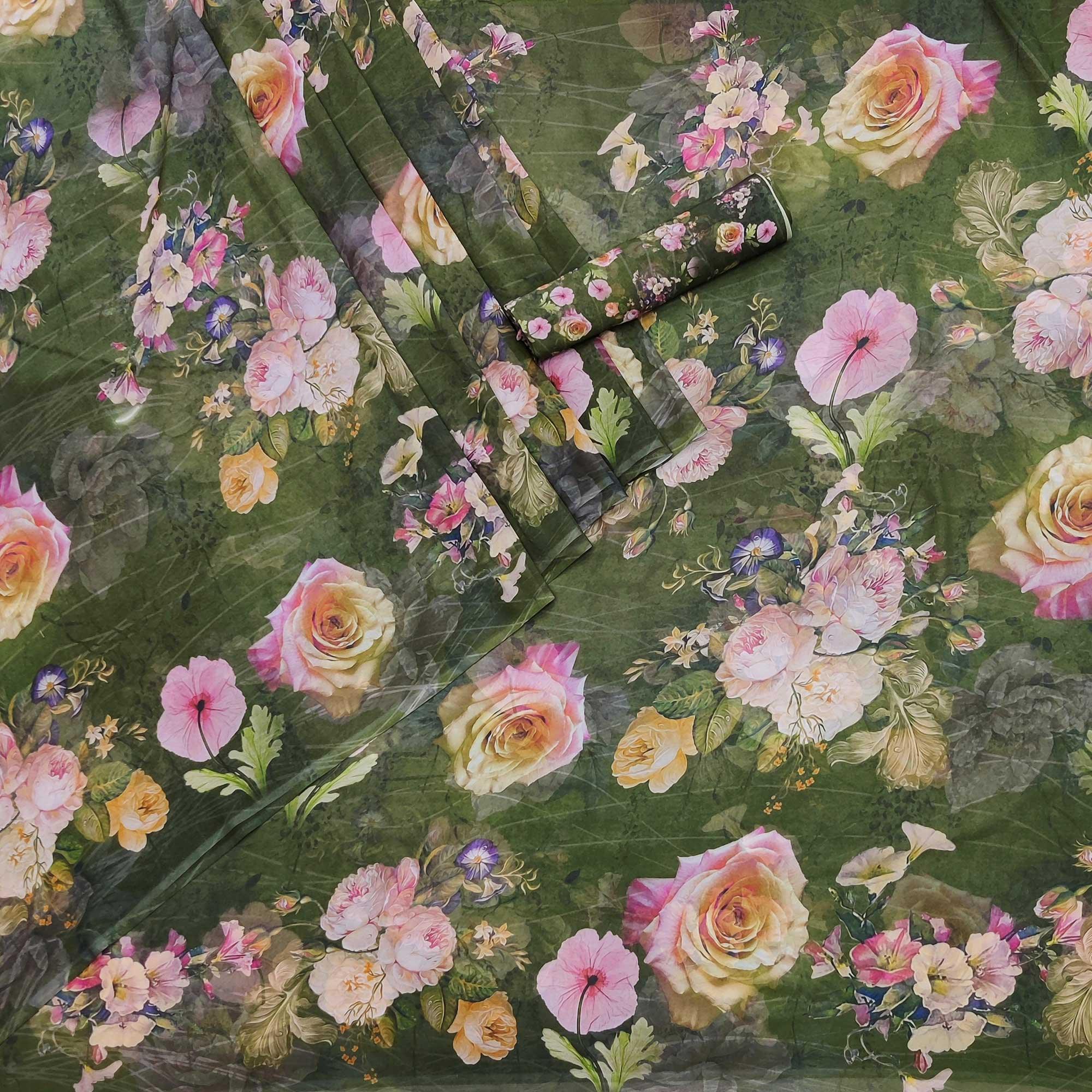 Green Floral Digital Printed Georgette Saree - Peachmode