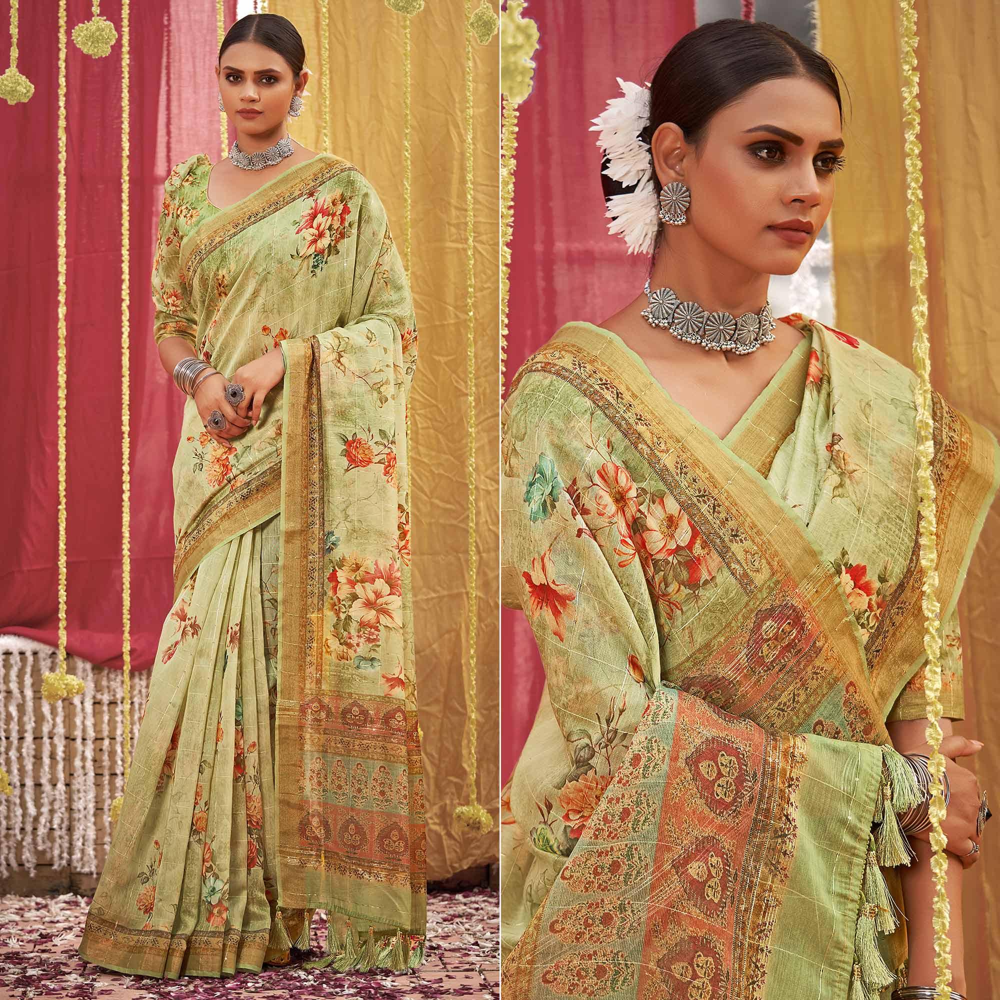 Green Floral Digital Printed Linen Saree With Tassels - Peachmode