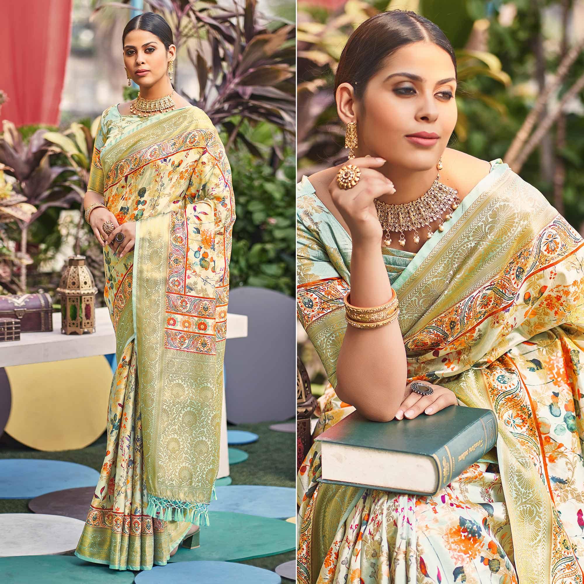 Green Floral Digital Printed Pure Silk Saree - Peachmode