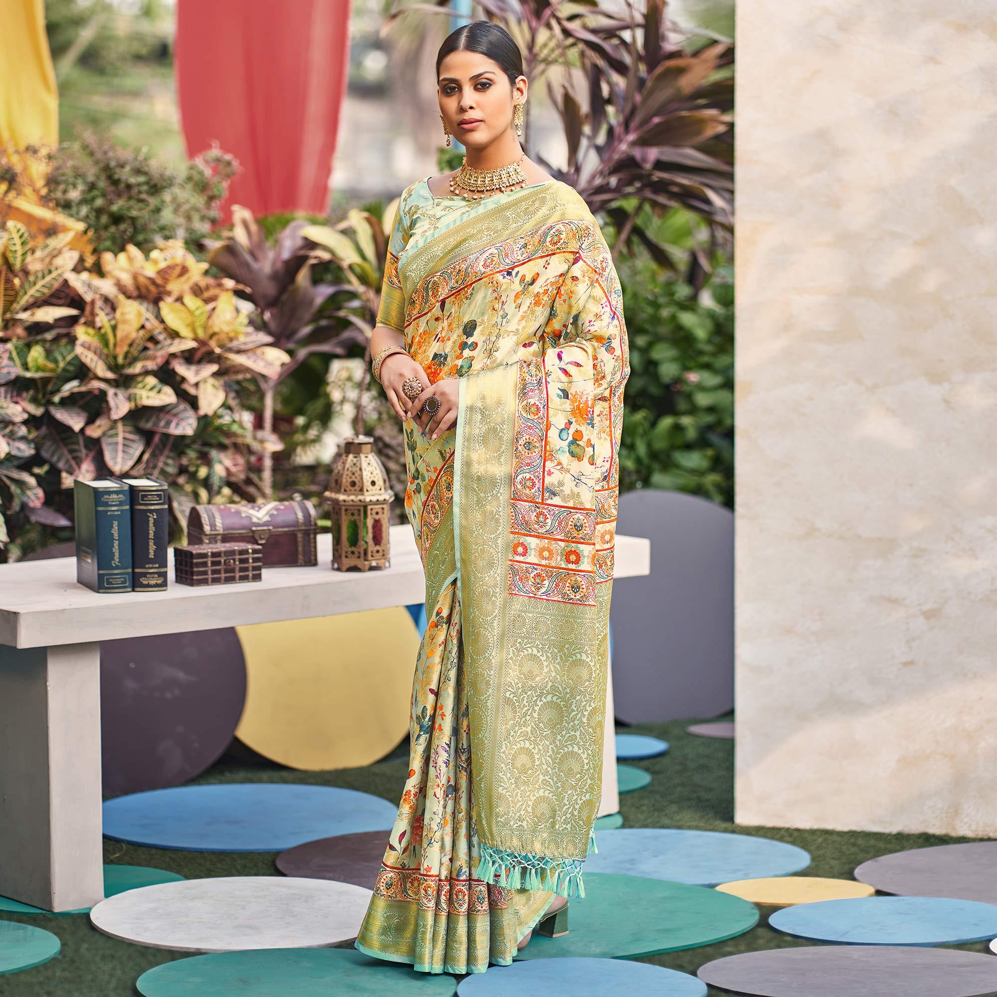Green Floral Digital Printed Pure Silk Saree - Peachmode