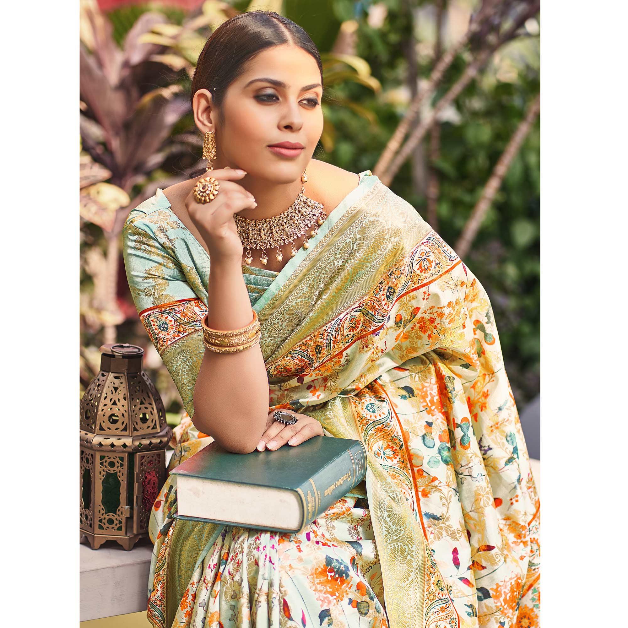 Green Floral Digital Printed Pure Silk Saree - Peachmode