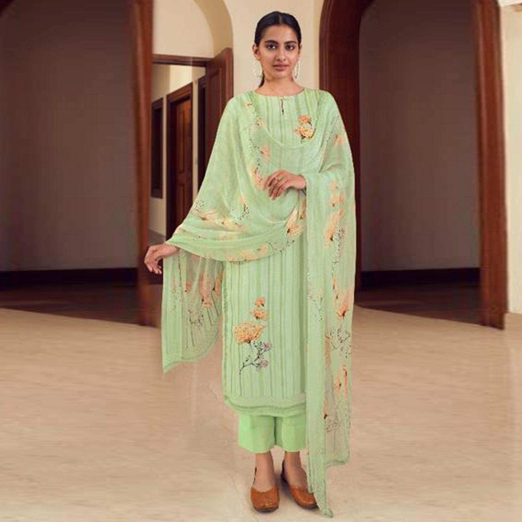 Green Floral Digital Printed With Handwork Cambric Cotton Partywear Suit - Peachmode