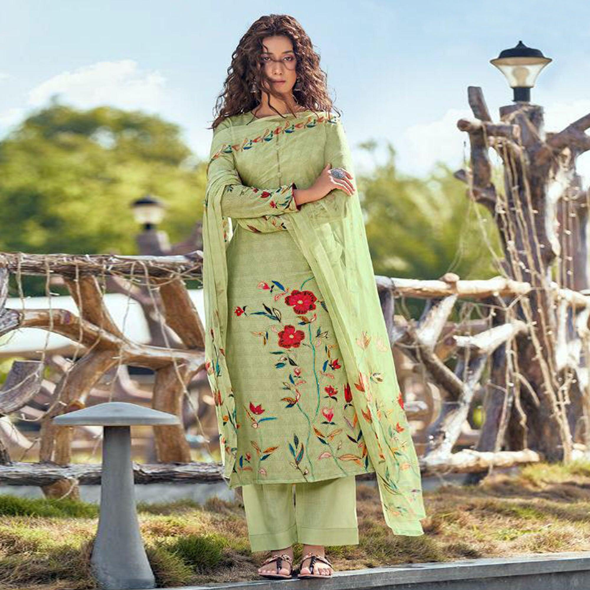 Green Floral Digital Printed With Handwork Cambric Cotton Partywear Suit - Peachmode