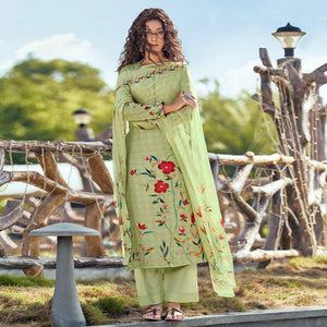 Green Floral Digital Printed With Handwork Cambric Cotton Partywear Suit - Peachmode