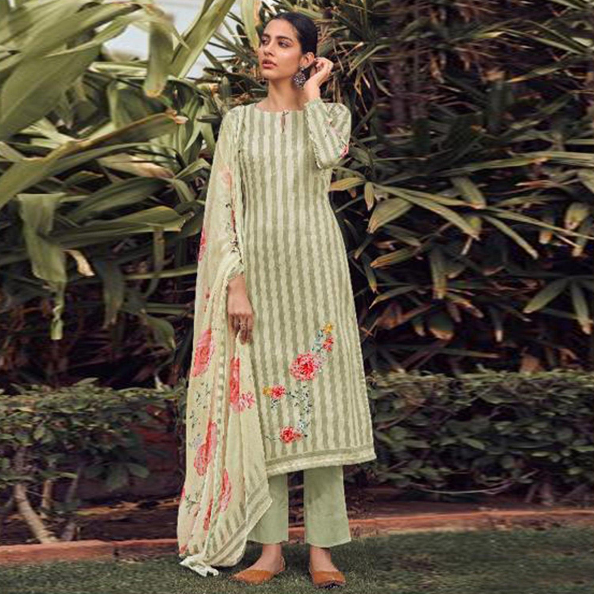 Green Floral Digital Printed With Handwork Cambric Cotton Partywear Suit - Peachmode