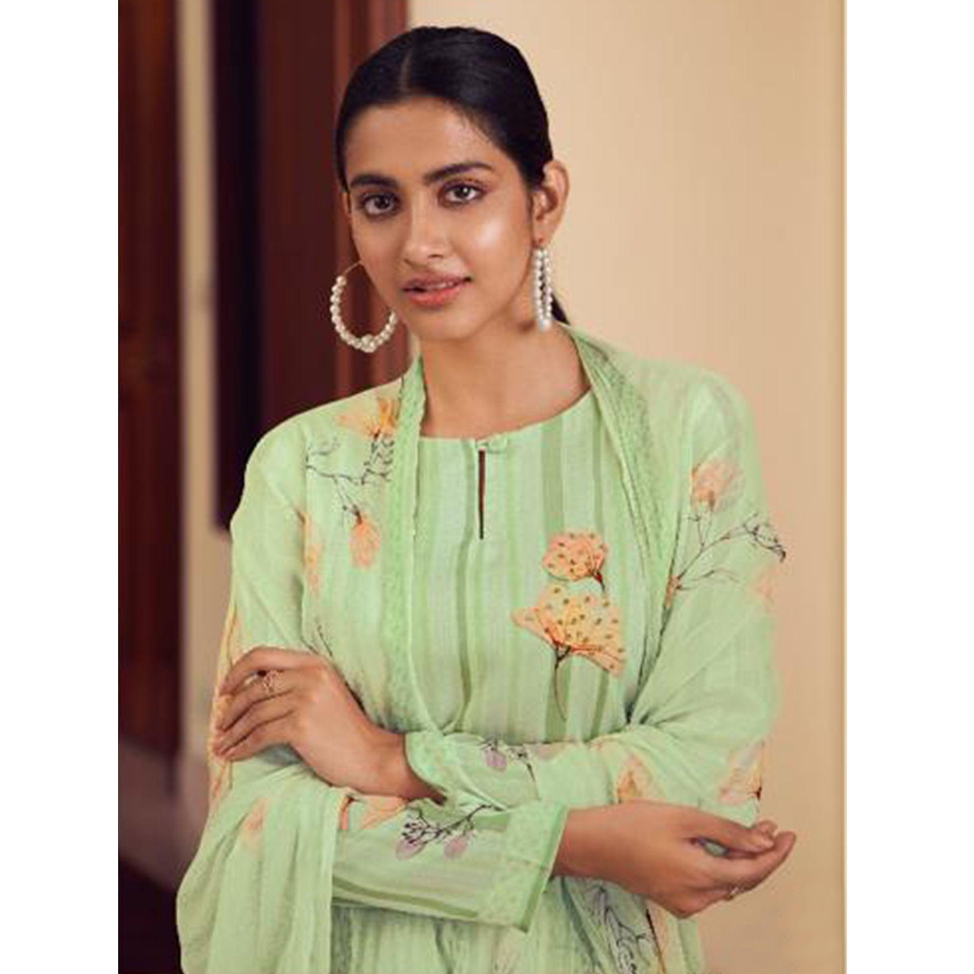 Green Floral Digital Printed With Handwork Cambric Cotton Partywear Suit - Peachmode