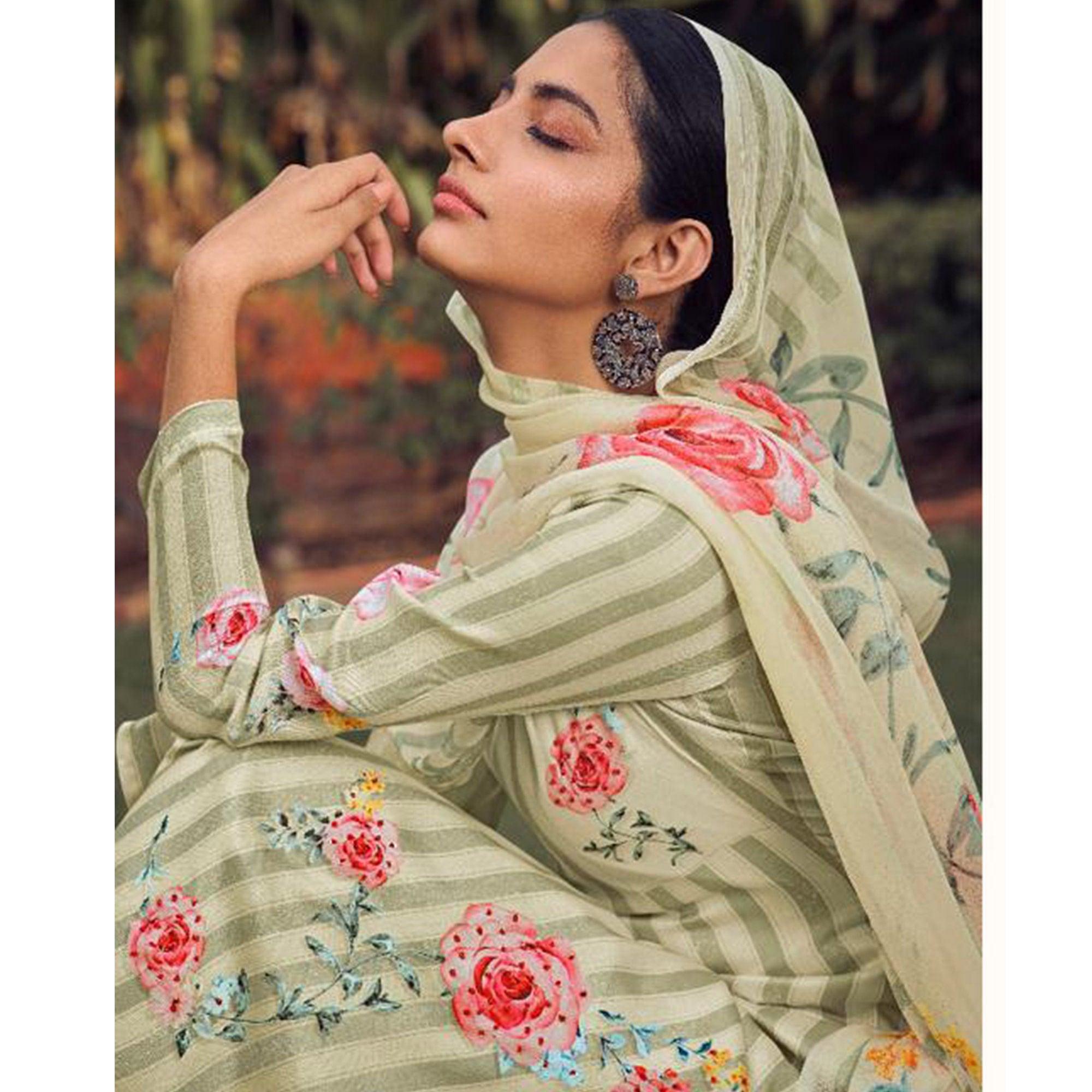 Green Floral Digital Printed With Handwork Cambric Cotton Partywear Suit - Peachmode