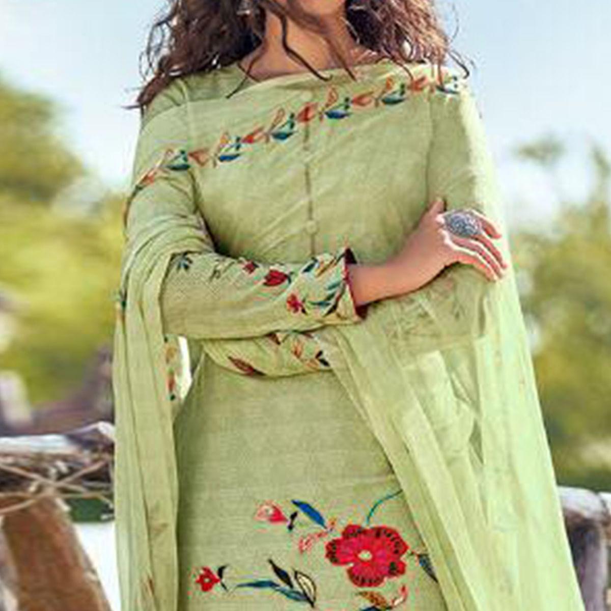 Green Floral Digital Printed With Handwork Cambric Cotton Partywear Suit - Peachmode