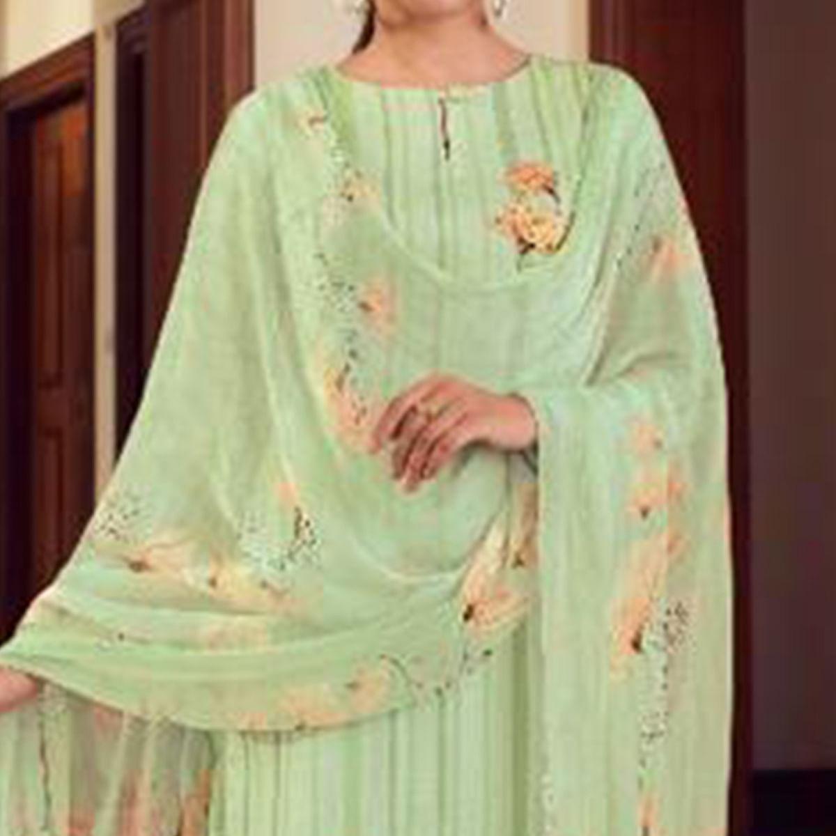 Green Floral Digital Printed With Handwork Cambric Cotton Partywear Suit - Peachmode