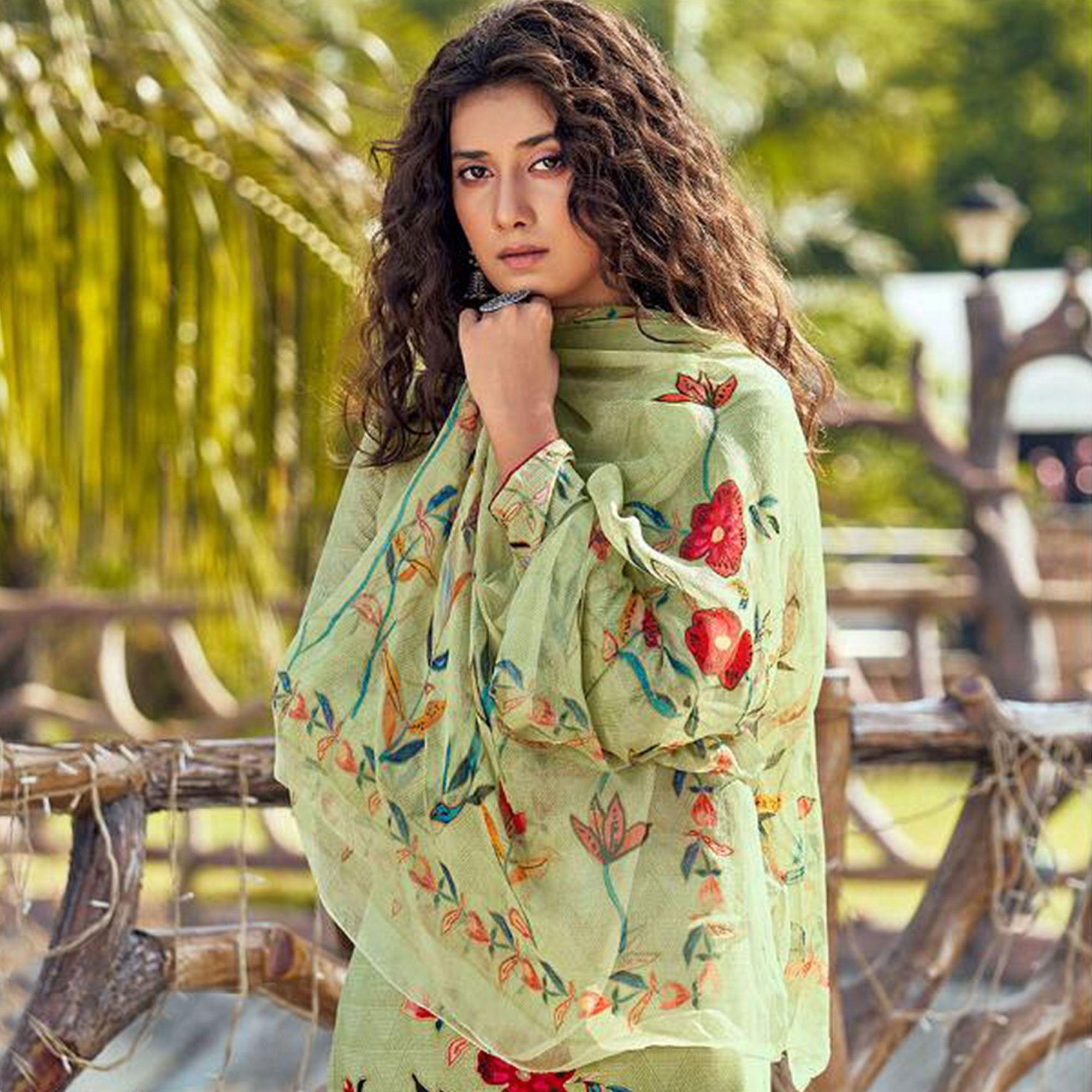Green Floral Digital Printed With Handwork Cambric Cotton Partywear Suit - Peachmode