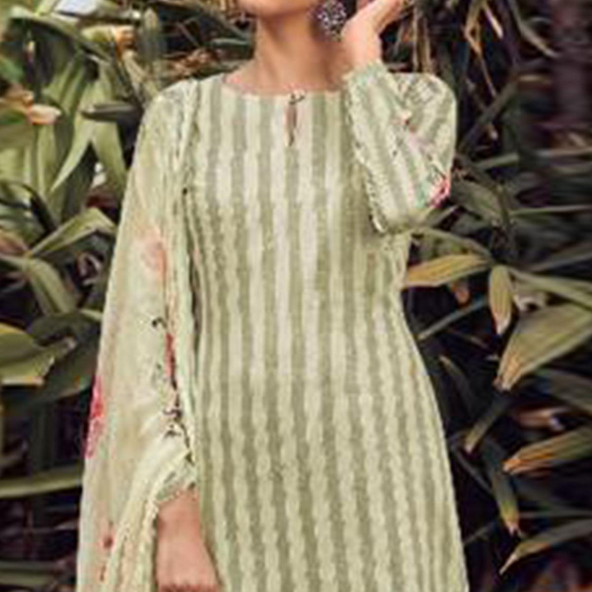 Green Floral Digital Printed With Handwork Cambric Cotton Partywear Suit - Peachmode