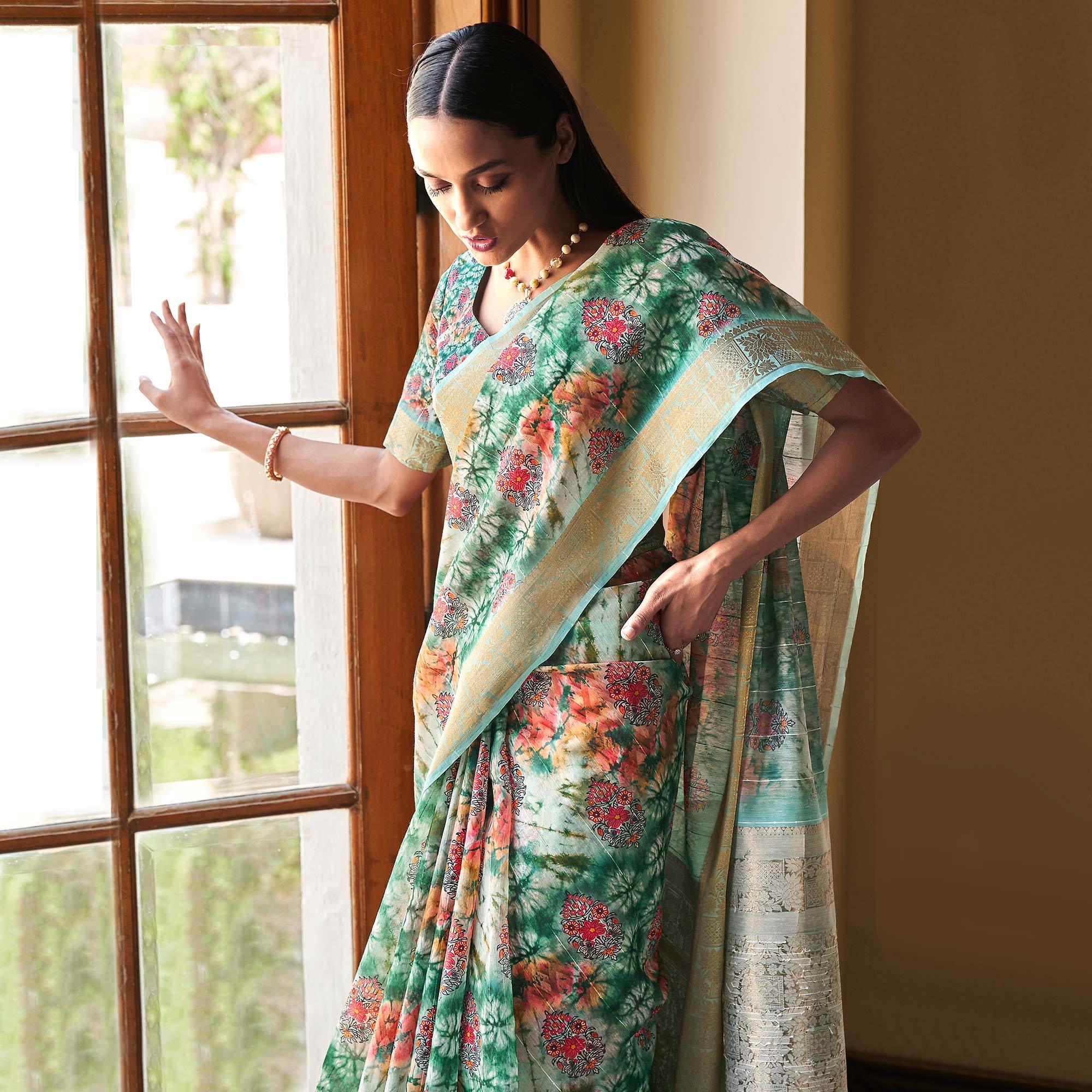 Green Floral Digital Printed With Sequence Linen Saree - Peachmode