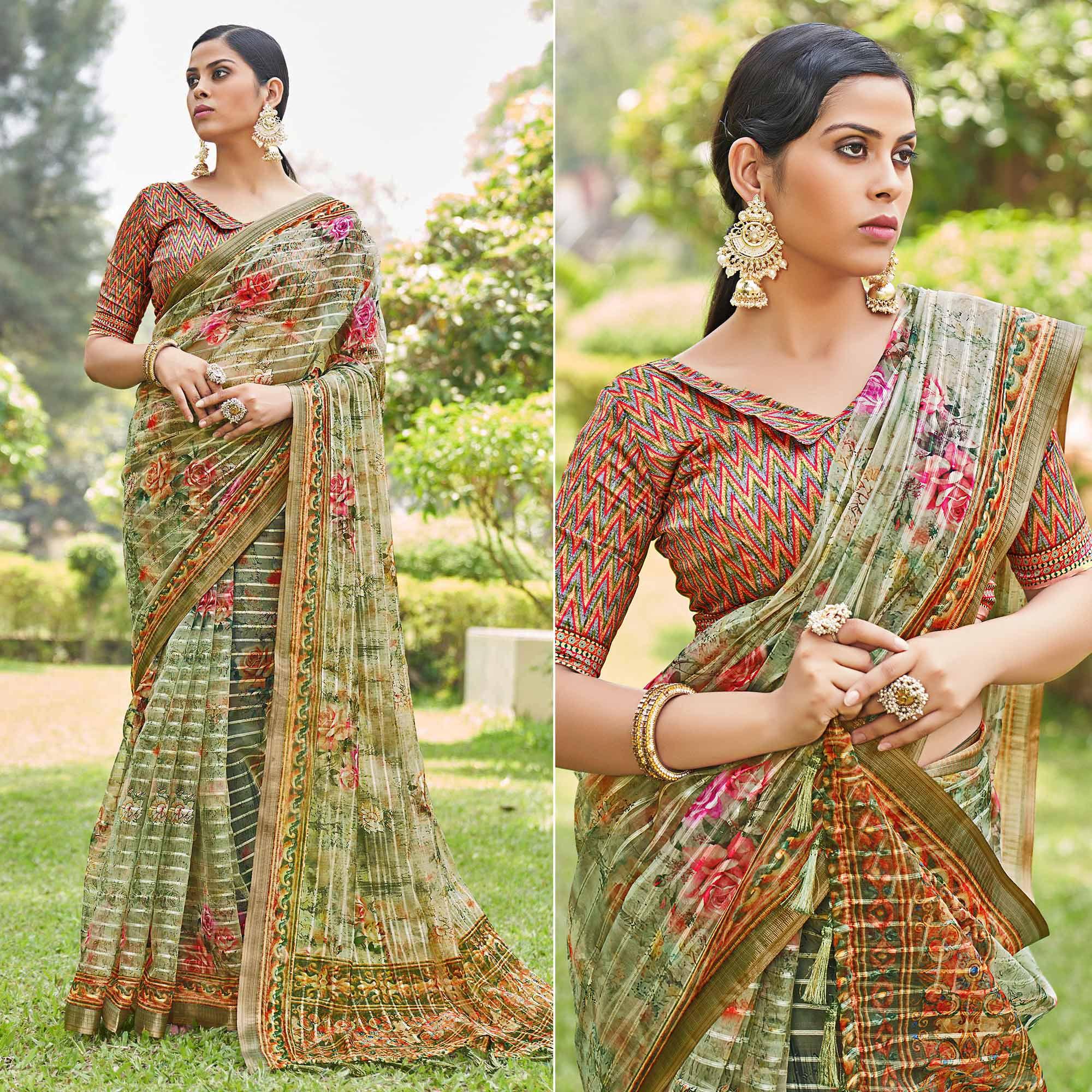 Green Floral Digital Printed With Sequence Linen Saree - Peachmode