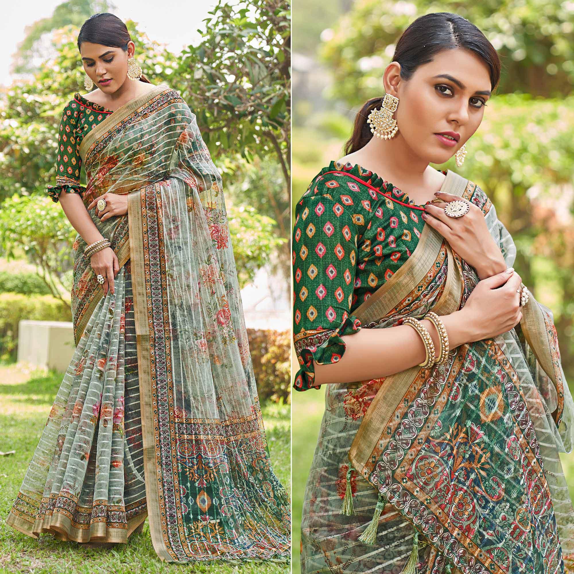 Green Floral Digital Printed With Sequence Linen Saree - Peachmode