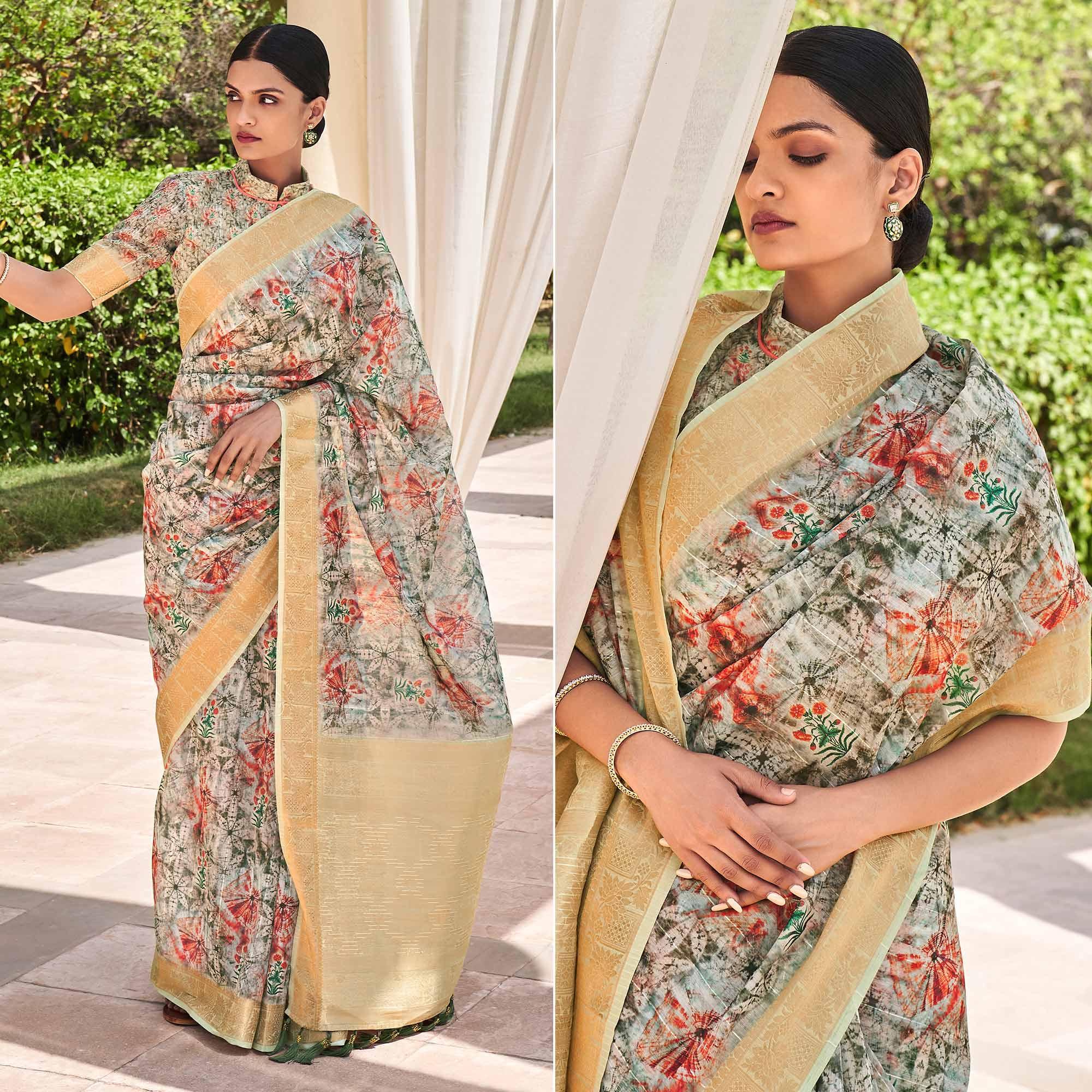 Green Floral Digital Printed With Sequence Linen Saree - Peachmode