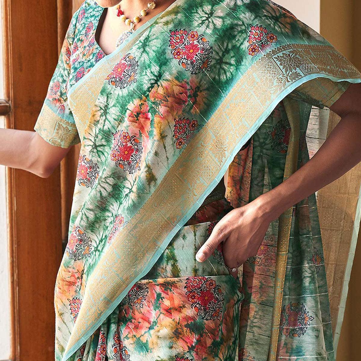 Green Floral Digital Printed With Sequence Linen Saree - Peachmode
