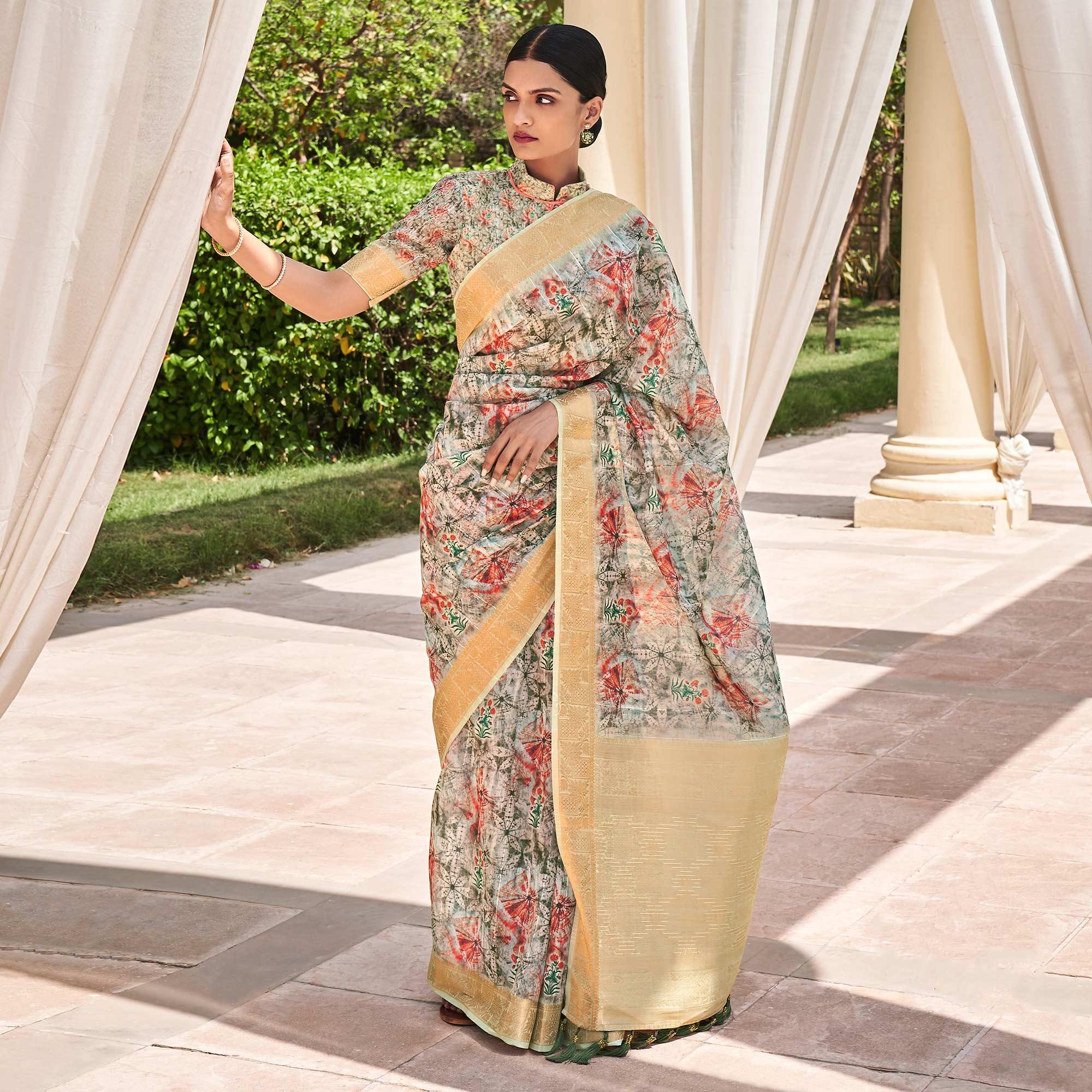 Green Floral Digital Printed With Sequence Linen Saree - Peachmode