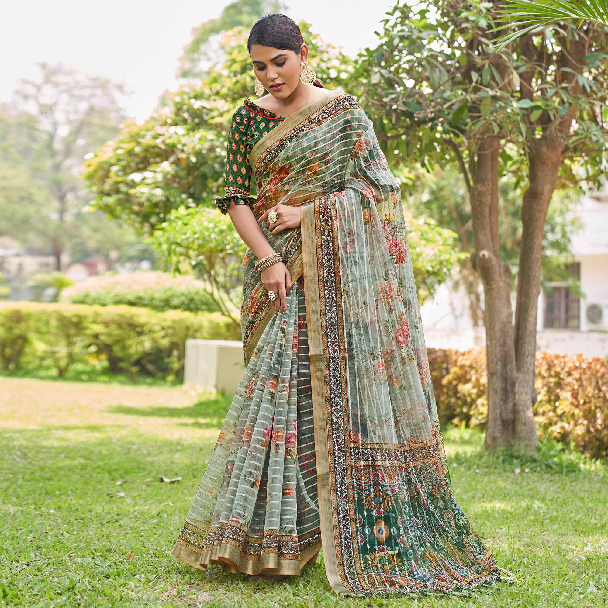 Green Floral Digital Printed With Sequence Linen Saree - Peachmode