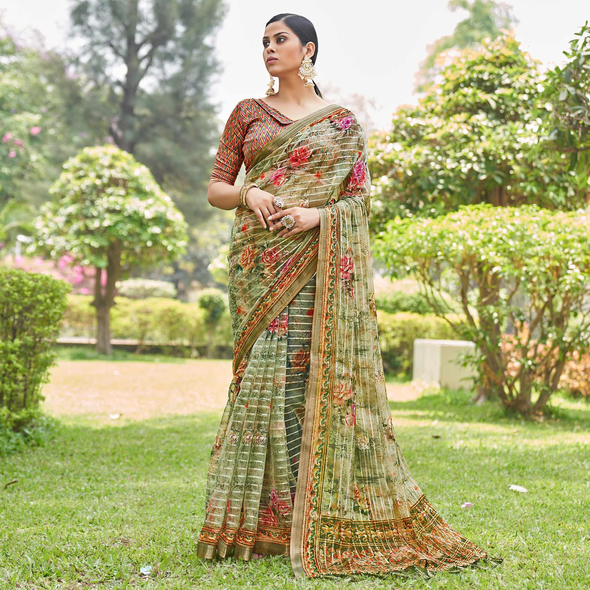 Green Floral Digital Printed With Sequence Linen Saree - Peachmode