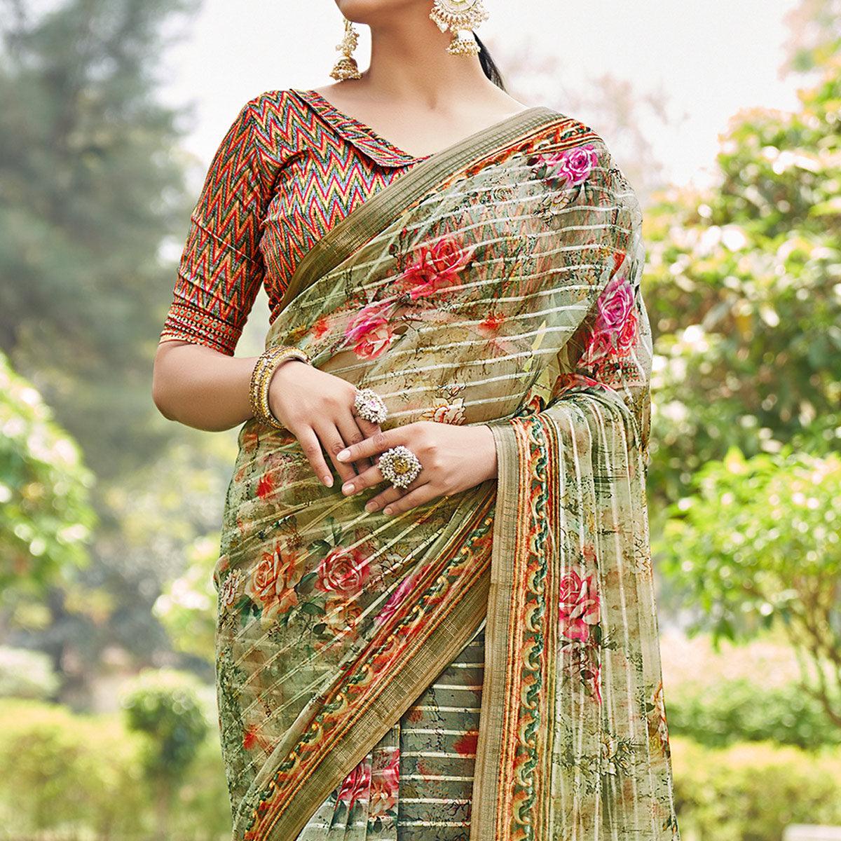 Green Floral Digital Printed With Sequence Linen Saree - Peachmode