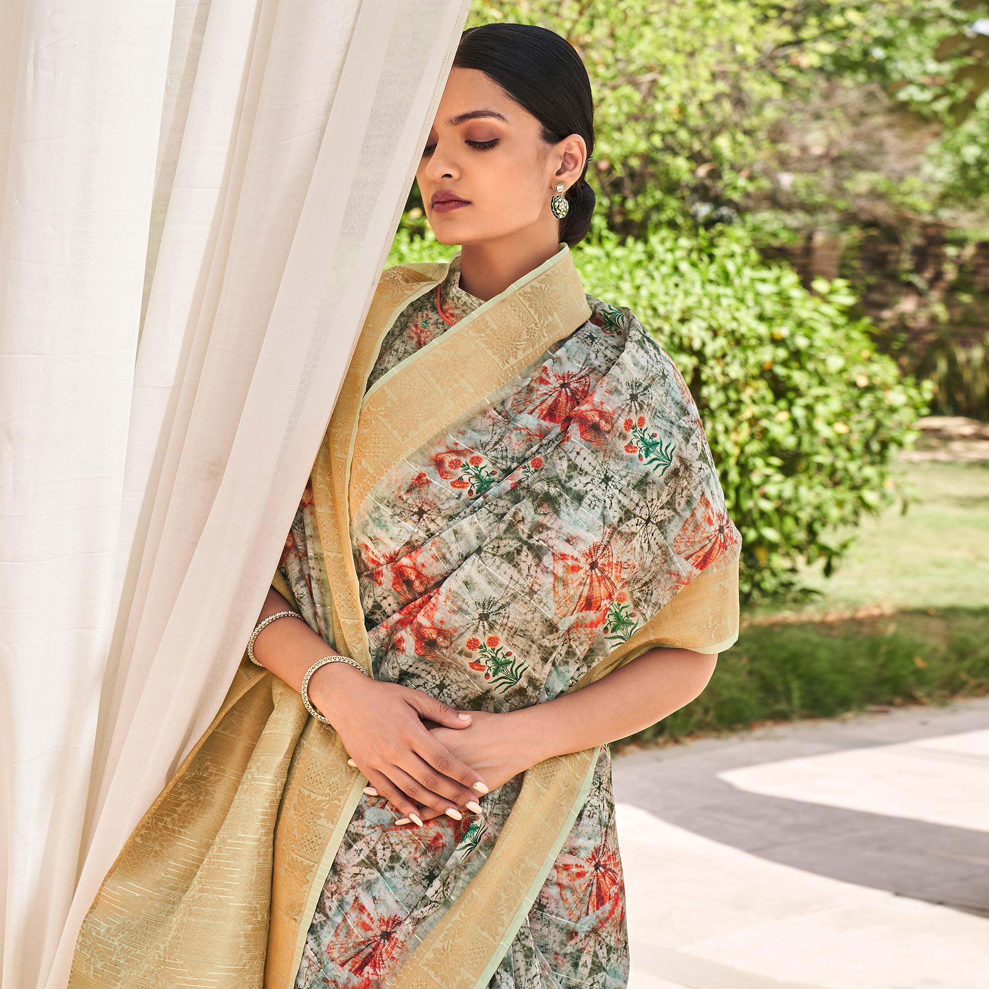 Green Floral Digital Printed With Sequence Linen Saree - Peachmode