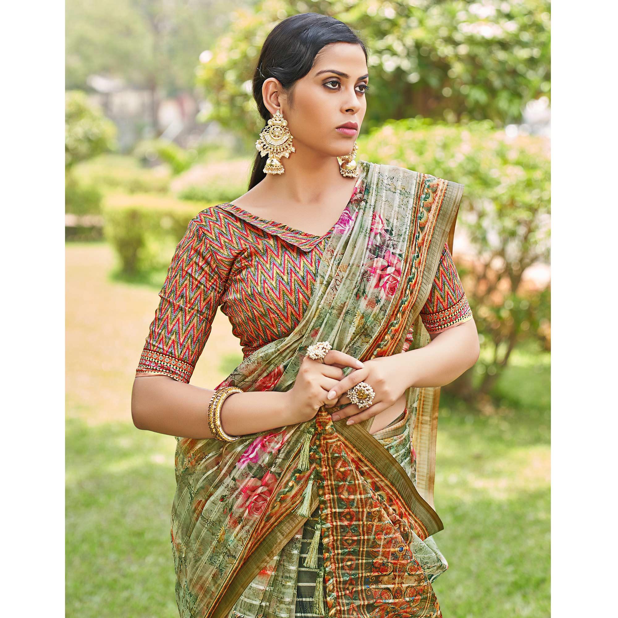 Green Floral Digital Printed With Sequence Linen Saree - Peachmode