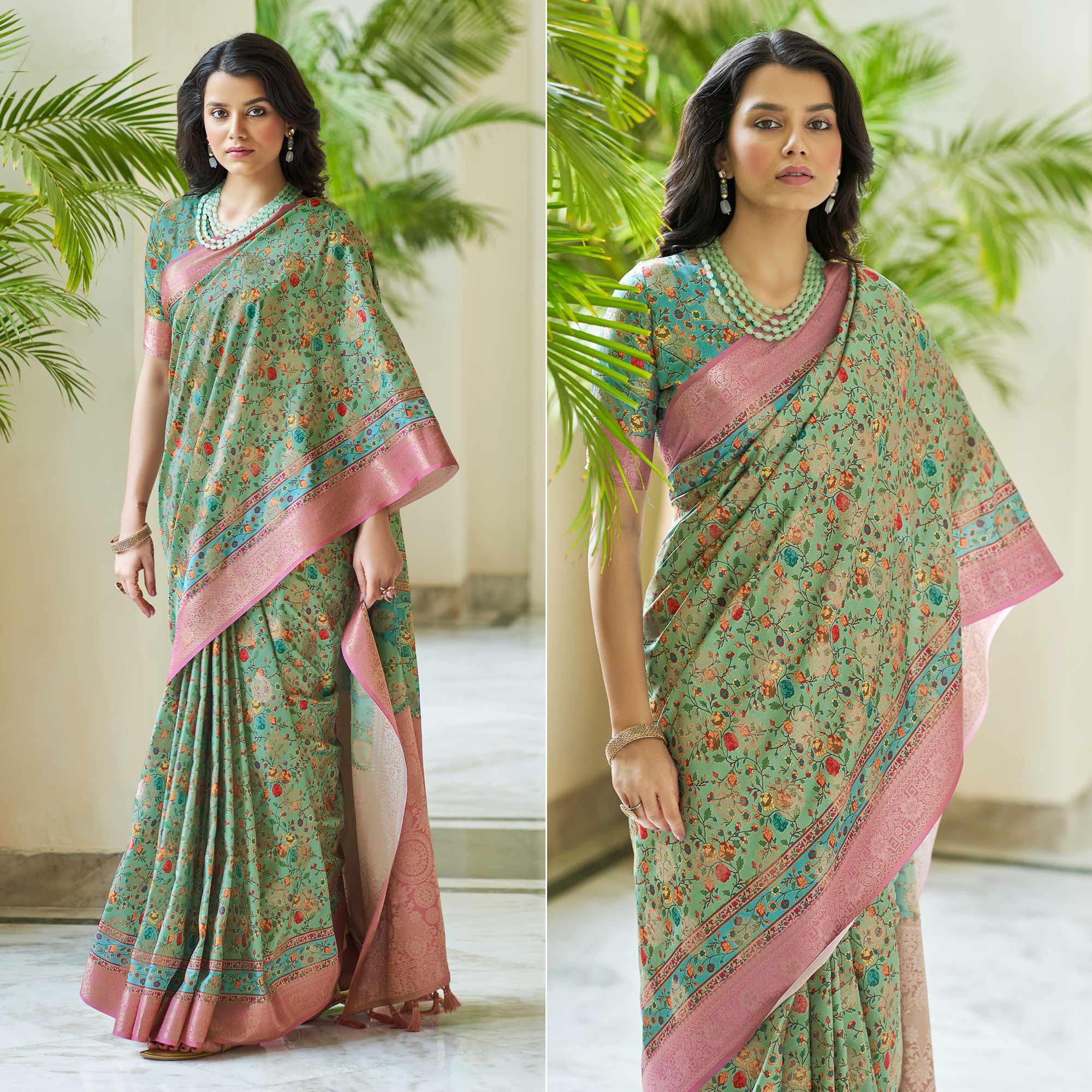 Green Floral Digital Printed With Woven Border Art Silk Saree - Peachmode