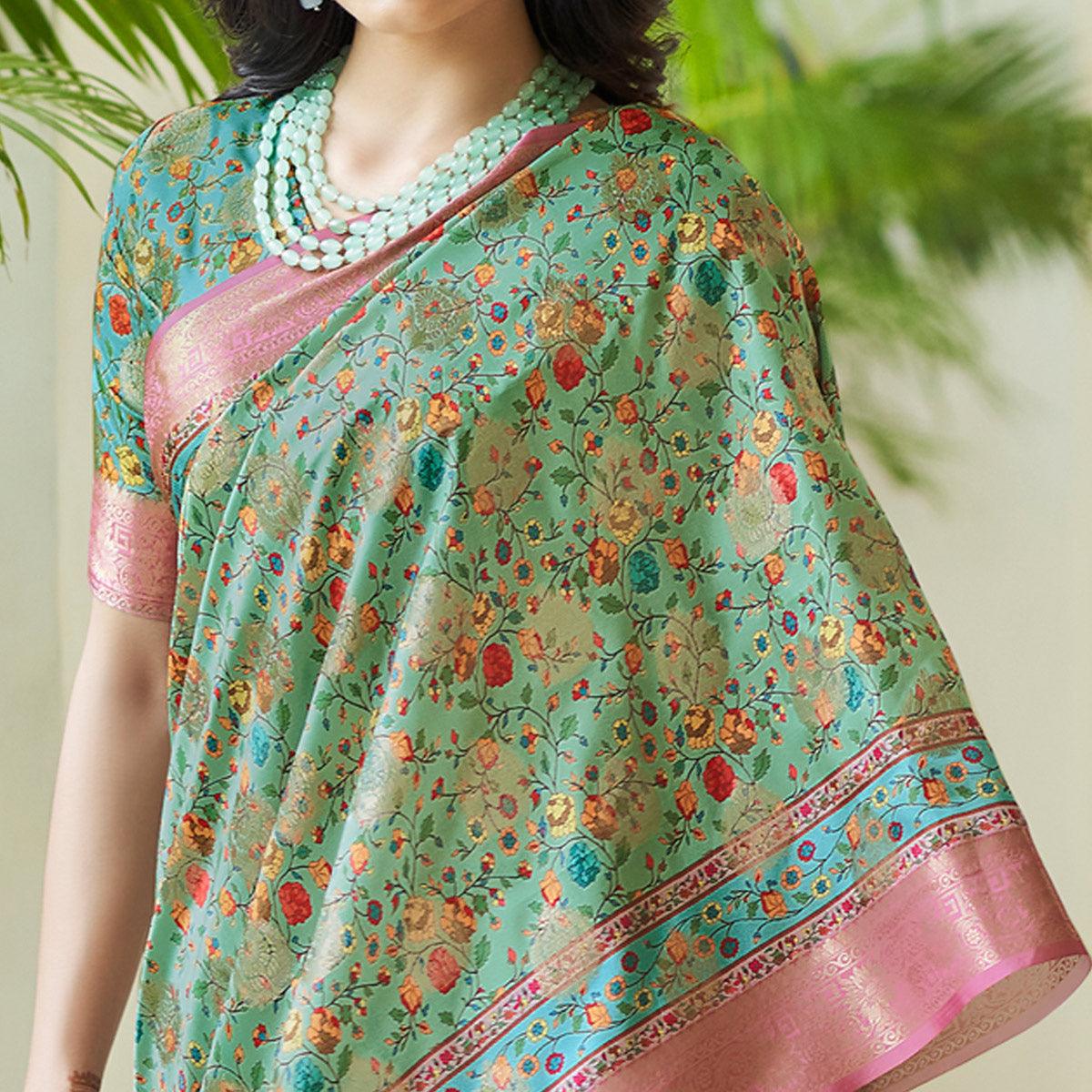 Green Floral Digital Printed With Woven Border Art Silk Saree - Peachmode