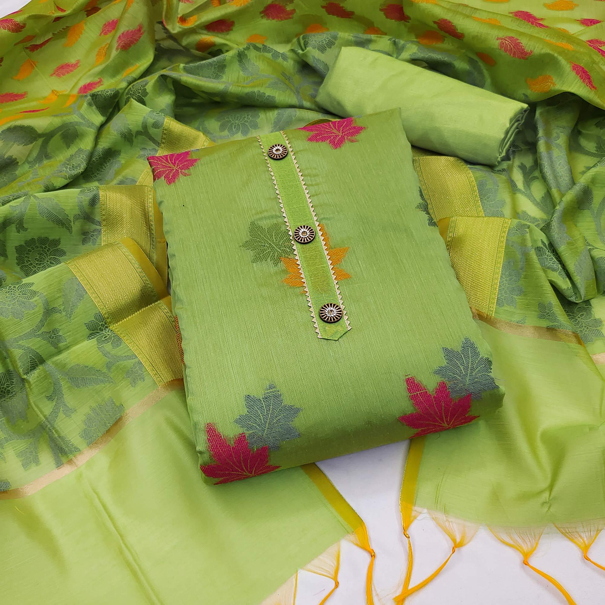 Green Floral Embroidered Banarasi Silk Dress Material - Peachmode