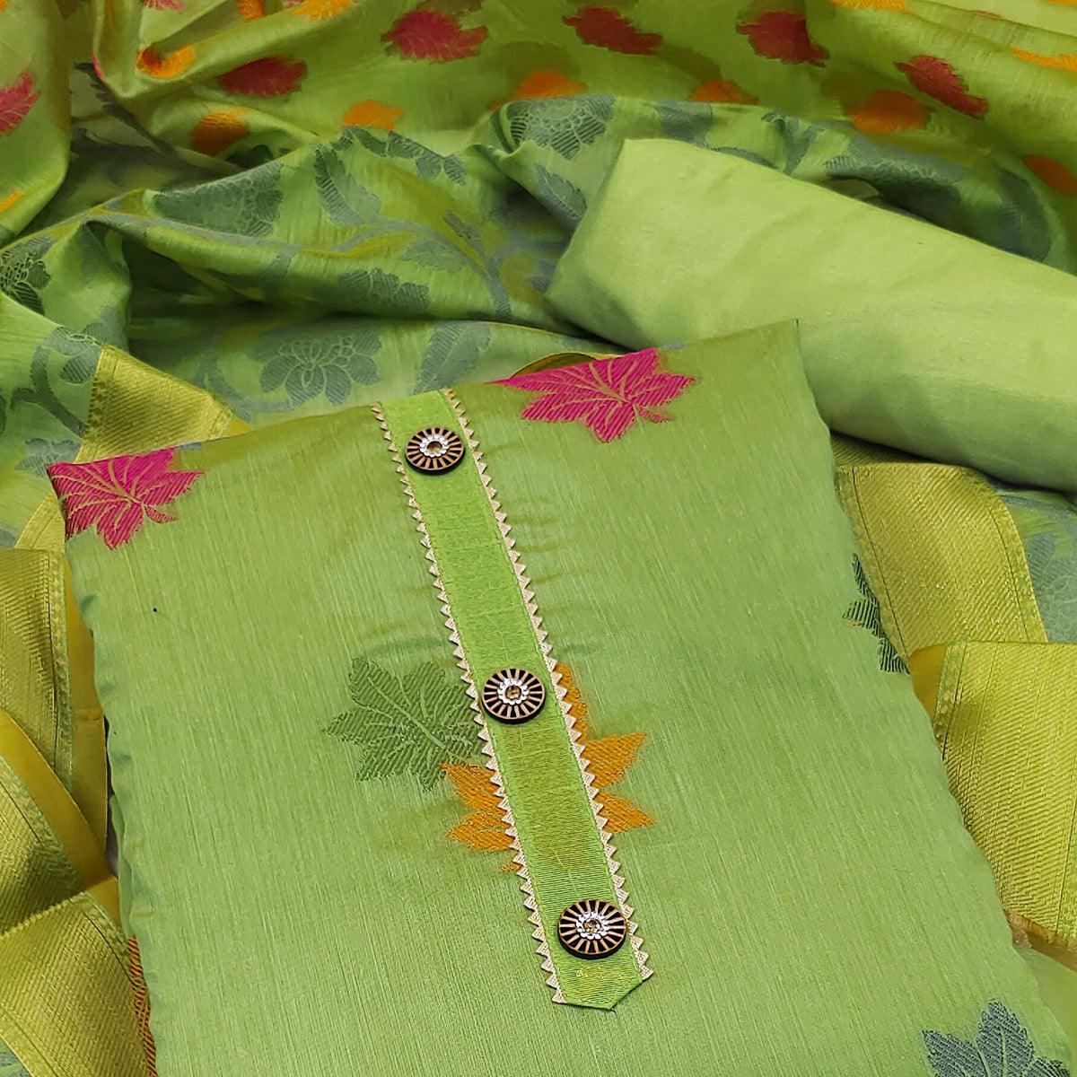 Green Floral Embroidered Banarasi Silk Dress Material - Peachmode
