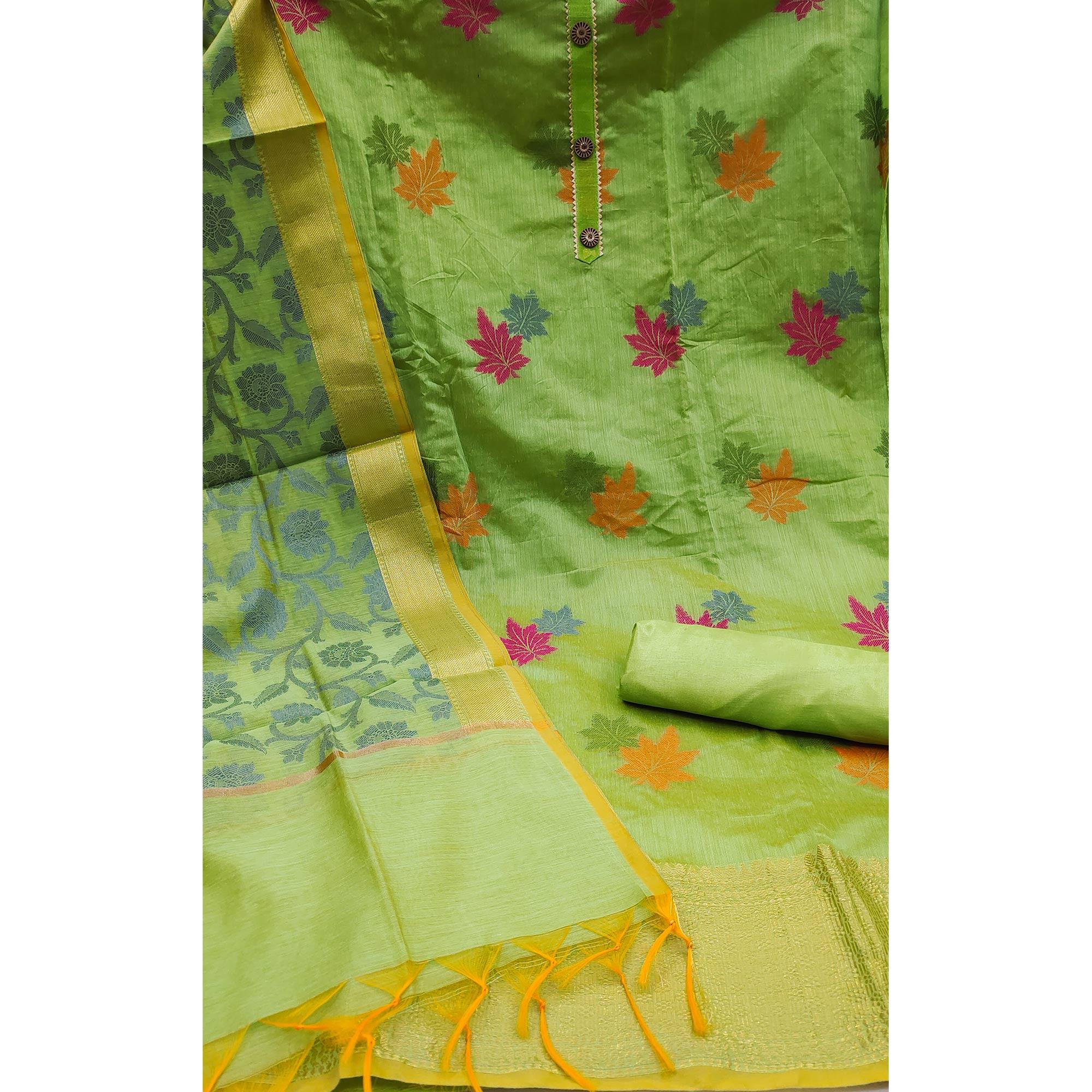 Green Floral Embroidered Banarasi Silk Dress Material - Peachmode