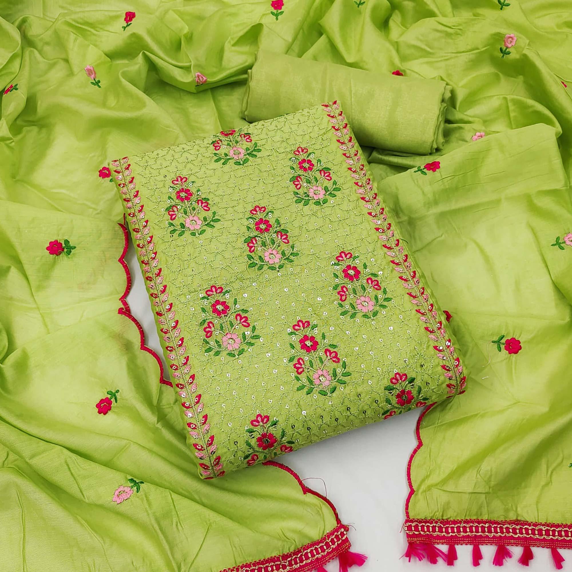 Green Floral Embroidered Chanderi Dress Material - Peachmode
