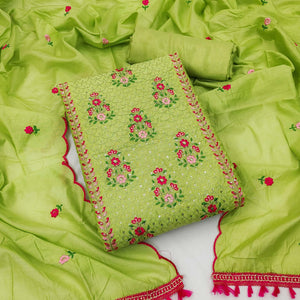 Green Floral Embroidered Chanderi Dress Material - Peachmode