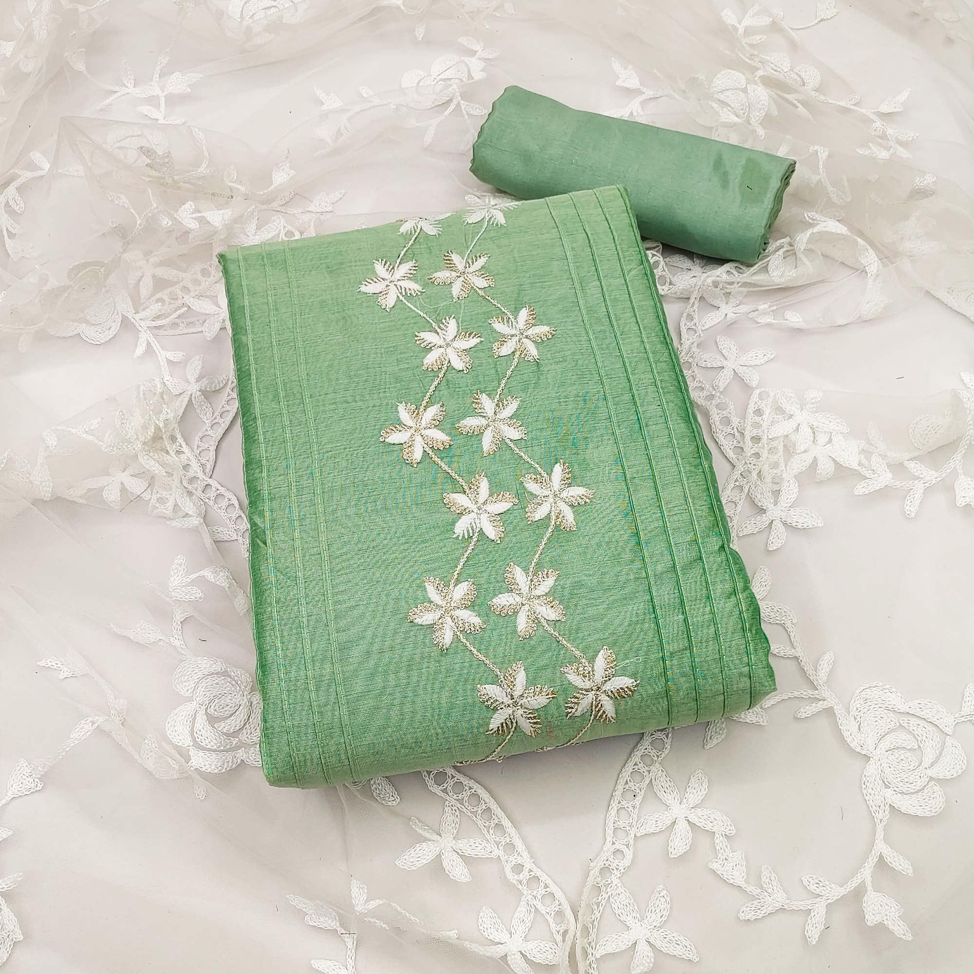 Green Floral Embroidered Chanderi Dress Material - Peachmode