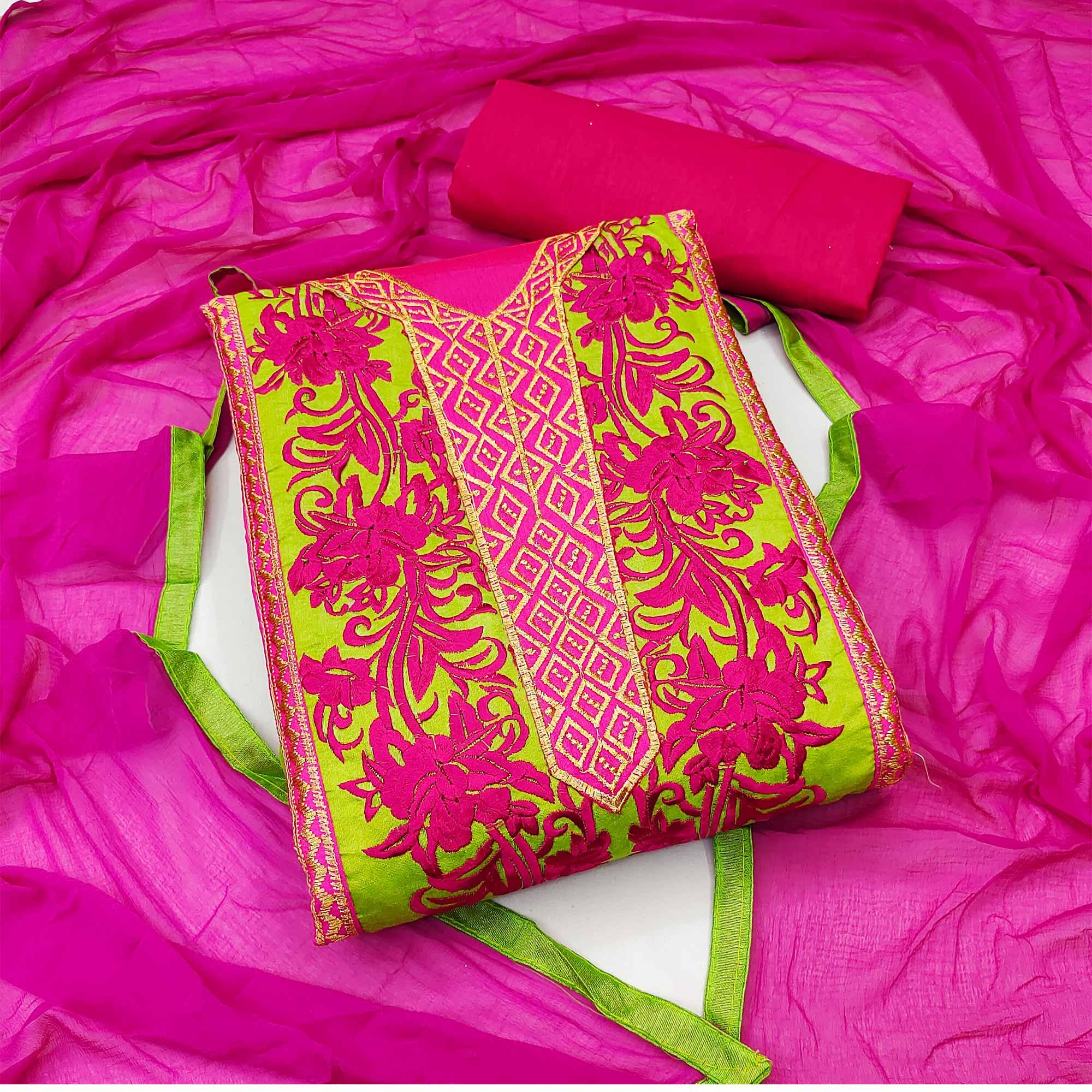 Green Floral Embroidered Chanderi Dress Material - Peachmode