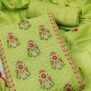 Green Floral Embroidered Chanderi Dress Material - Peachmode
