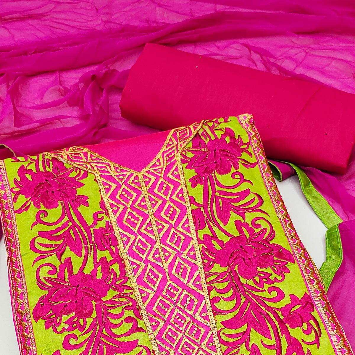 Green Floral Embroidered Chanderi Dress Material - Peachmode