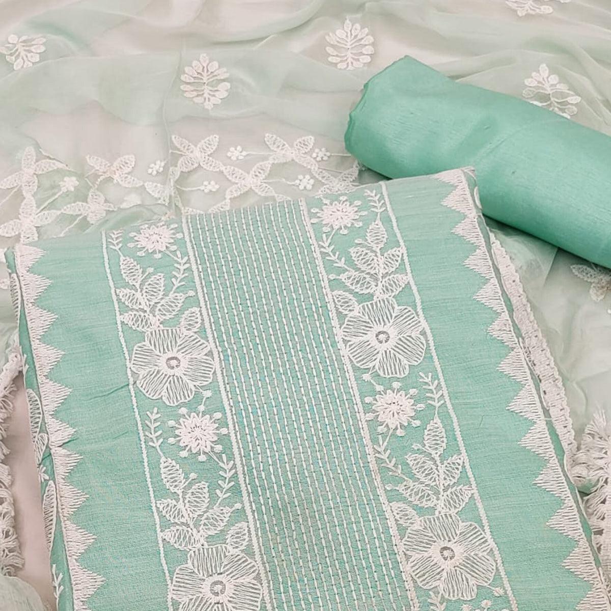 Green Floral Embroidered Chanderi Dress Material - Peachmode