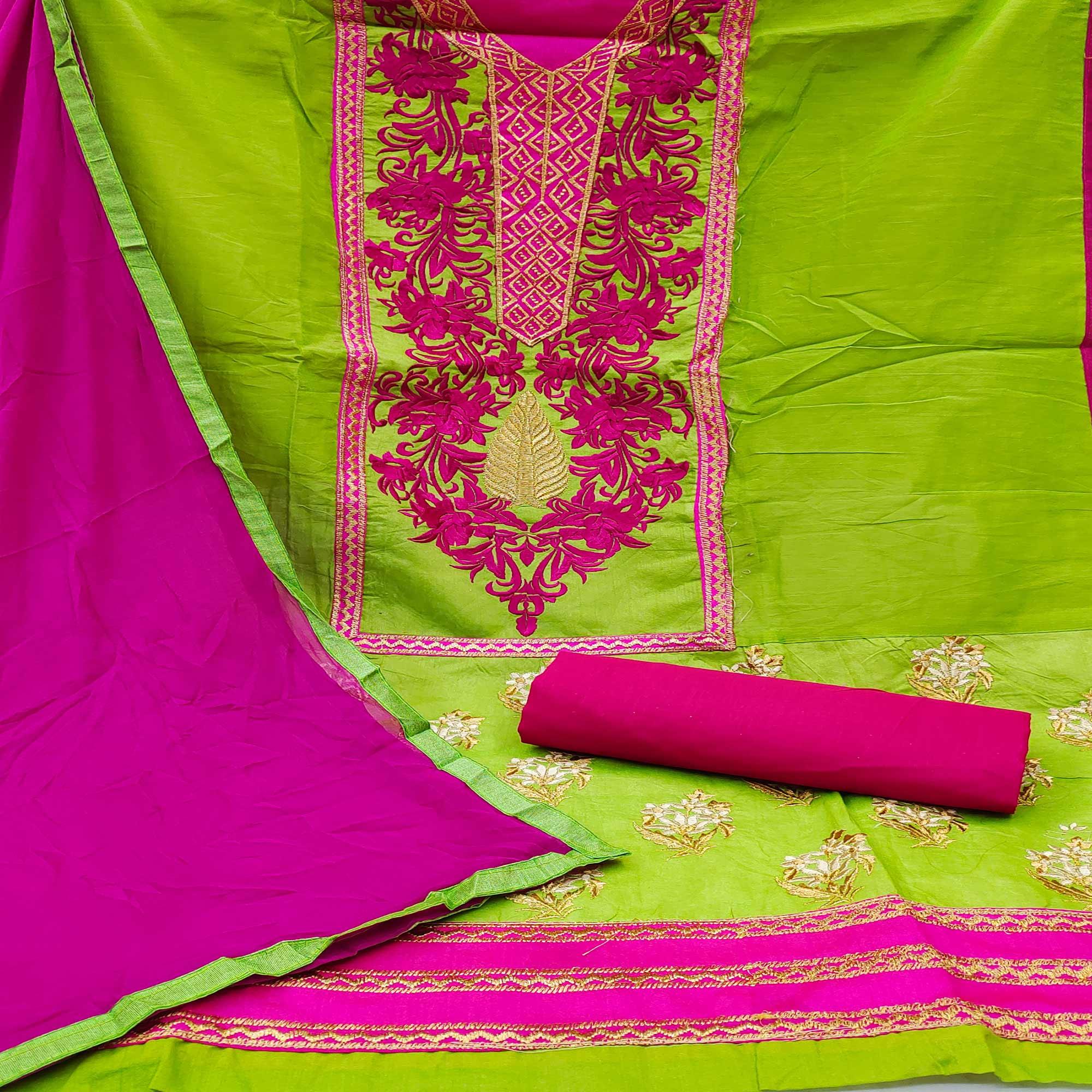Green Floral Embroidered Chanderi Dress Material - Peachmode
