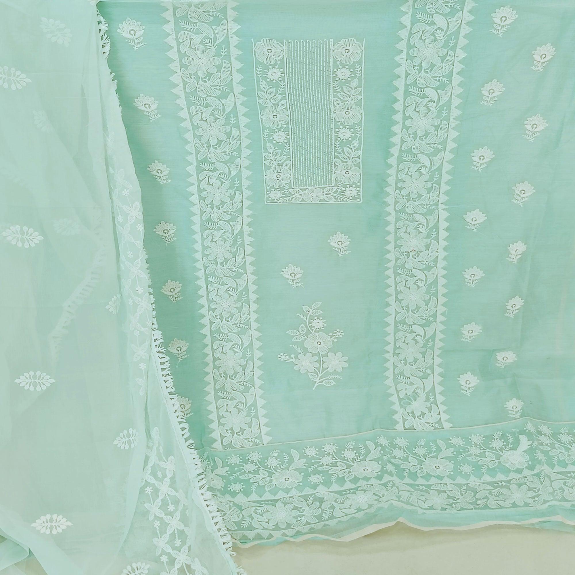 Green Floral Embroidered Chanderi Dress Material - Peachmode