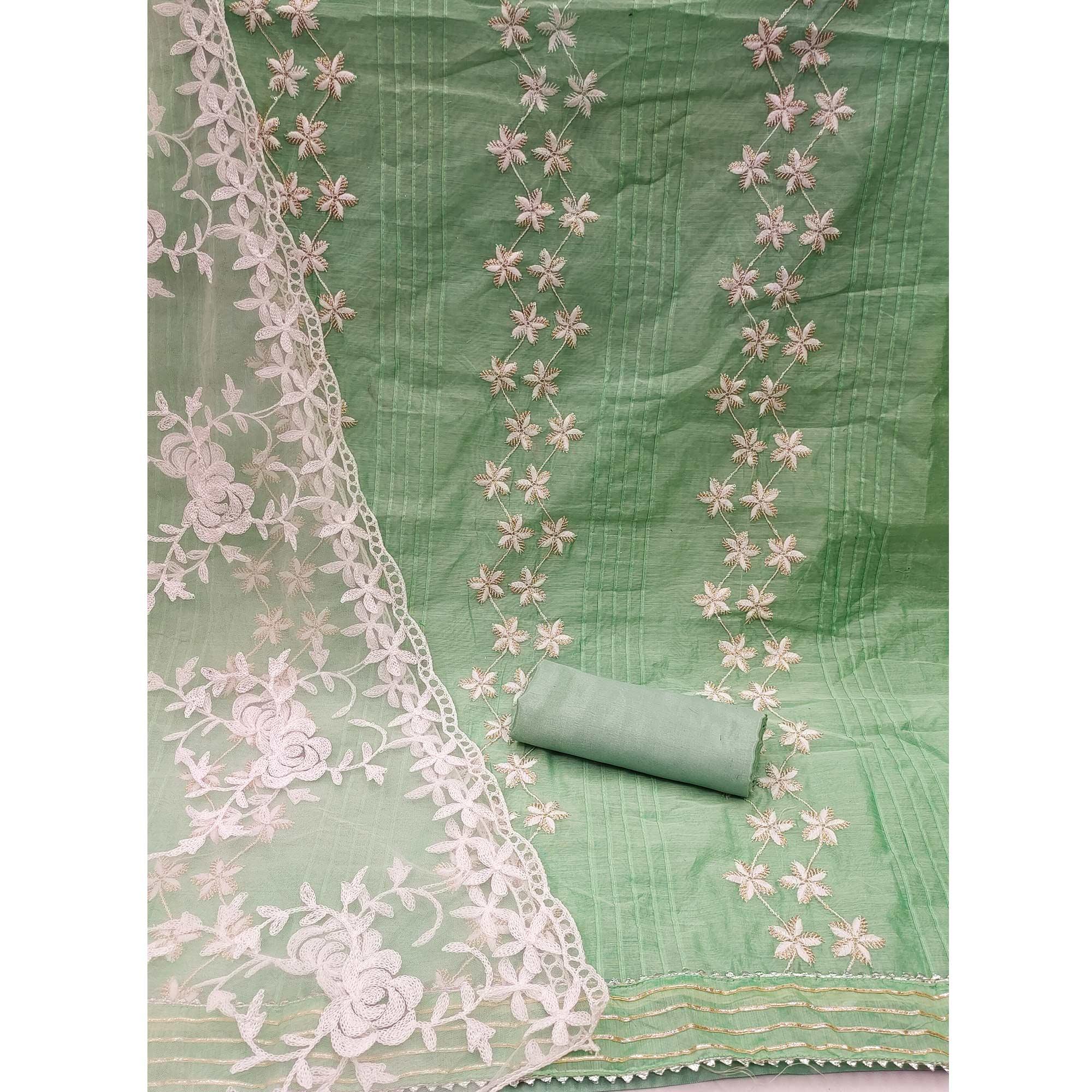 Green Floral Embroidered Chanderi Dress Material - Peachmode