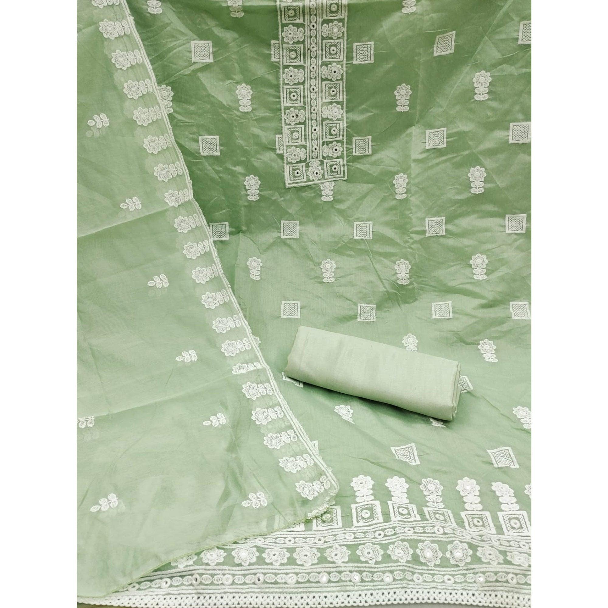 Green Floral Embroidered Chanderi Dress Material - Peachmode